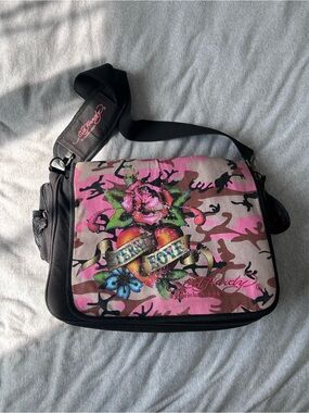 Ed Hardy Pink Camo Messenger Bag with Floral Heart Graphic